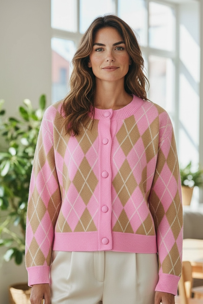 Anaya Argyle Cardigan Pink