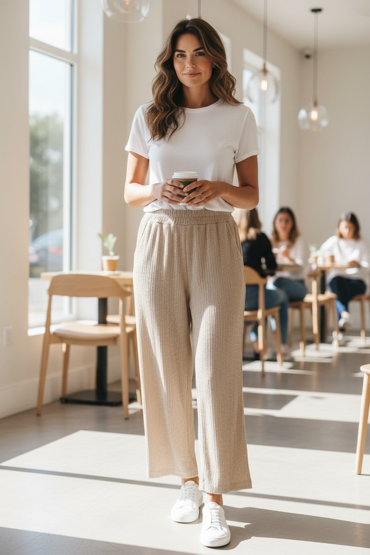 Textured Wide Leg Trousers Sand