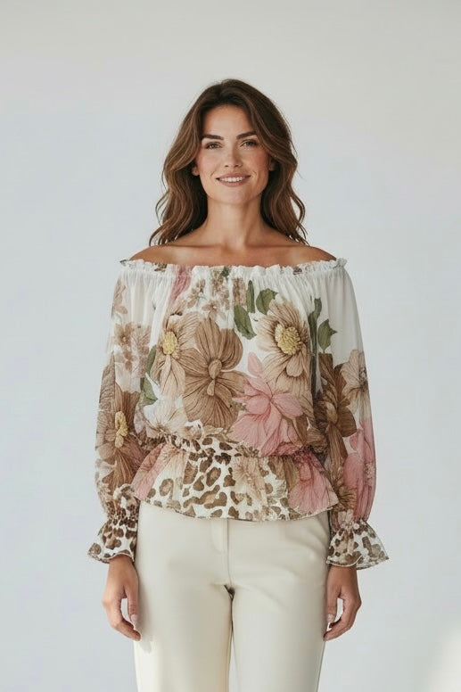 Myla Floral Bardot Top Mocha