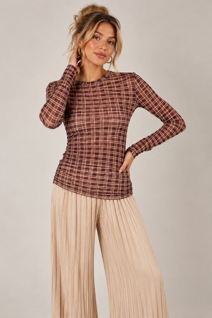 Tartan Print Cashmere Top Wine