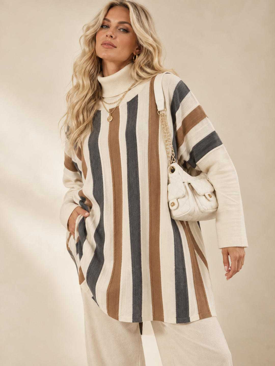 Selene Stripe Roll Neck Tunic Cream