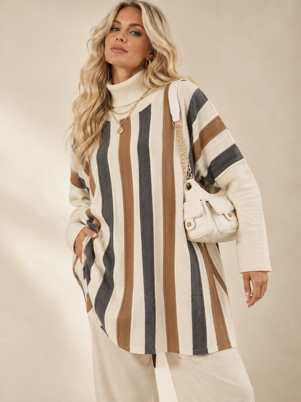 Selene Stripe Roll Neck Tunic Cream