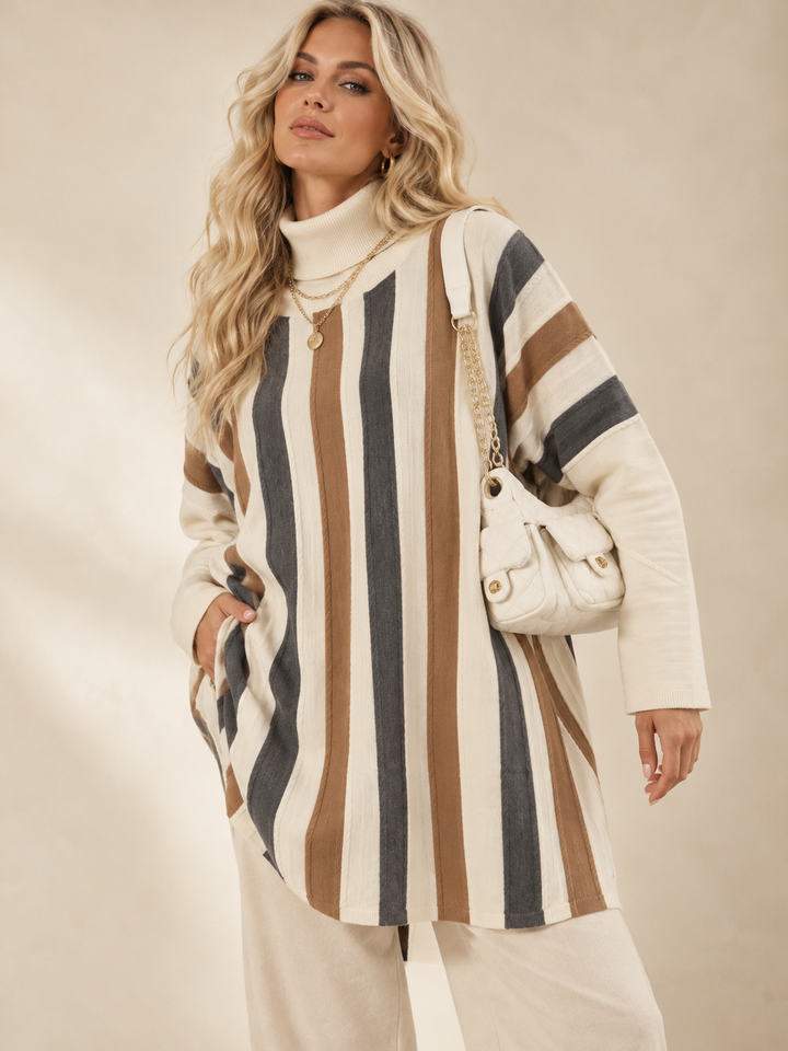 Selene Stripe Roll Neck Tunic Cream