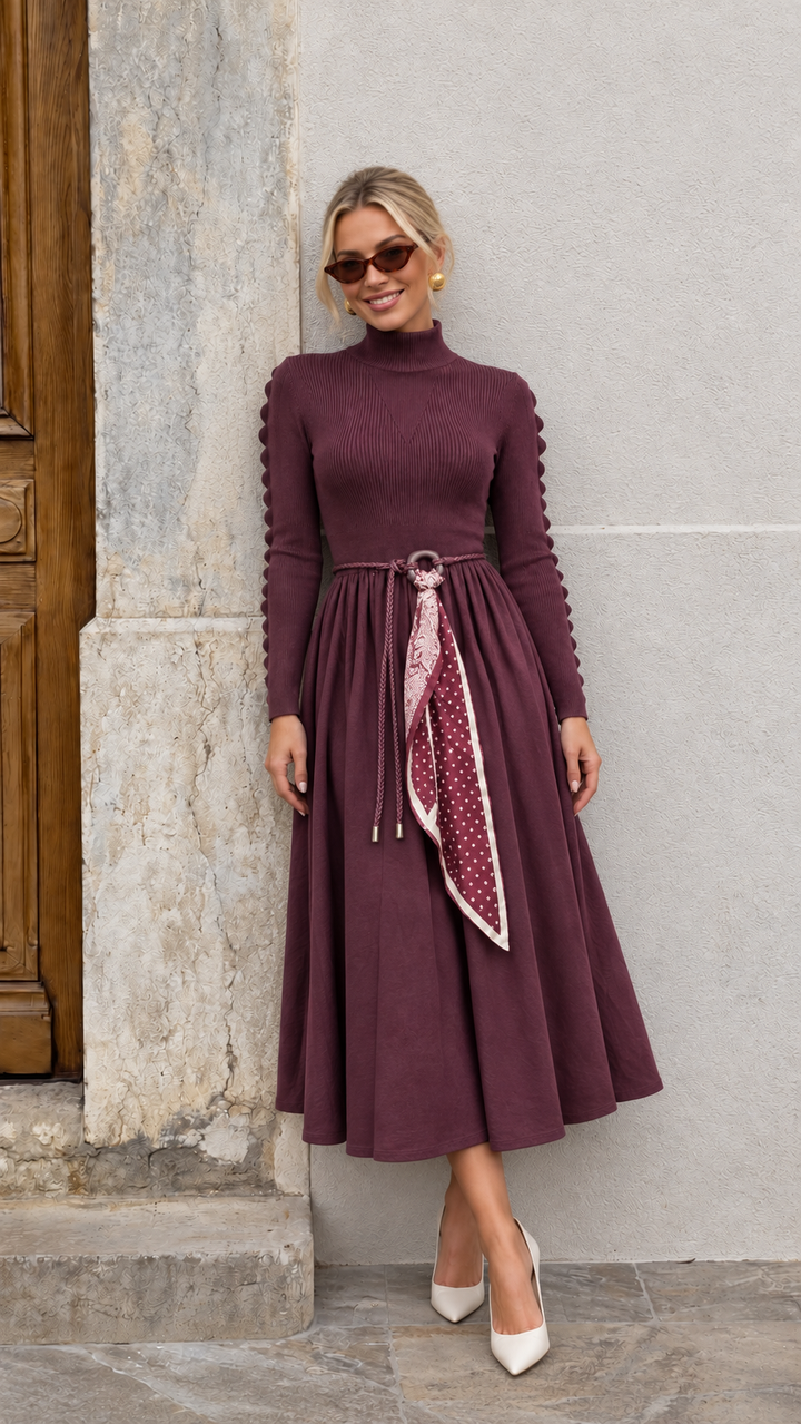 Jasmine Belted Knitted Dress Plum