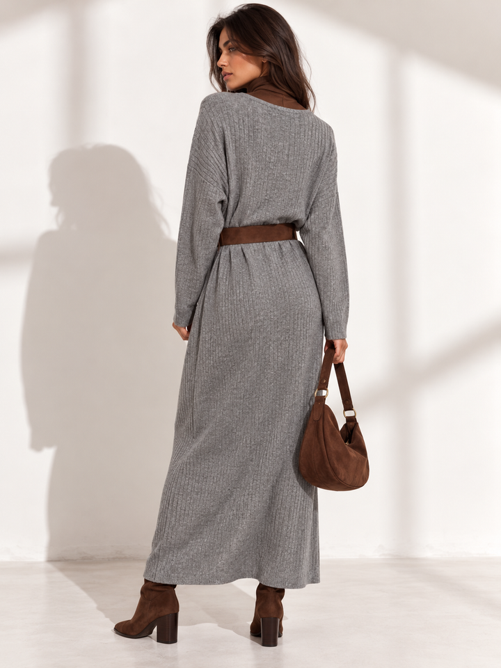 Andie V Neck Ribbed Dress Grey