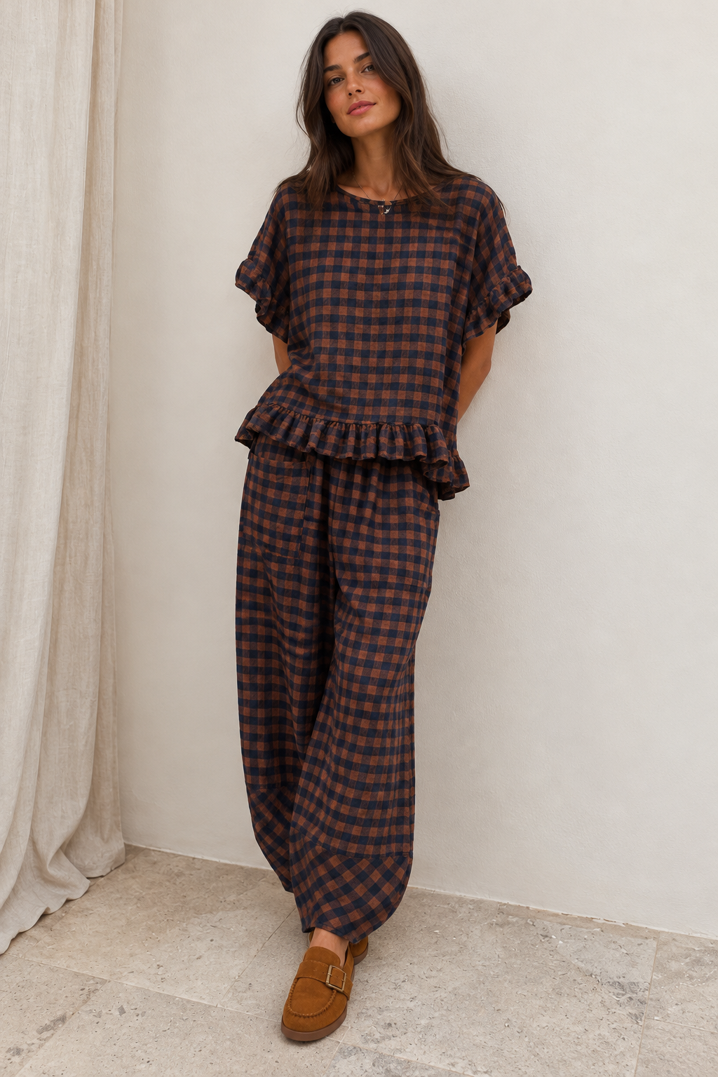 Rosana Checked Frill Top Ginger