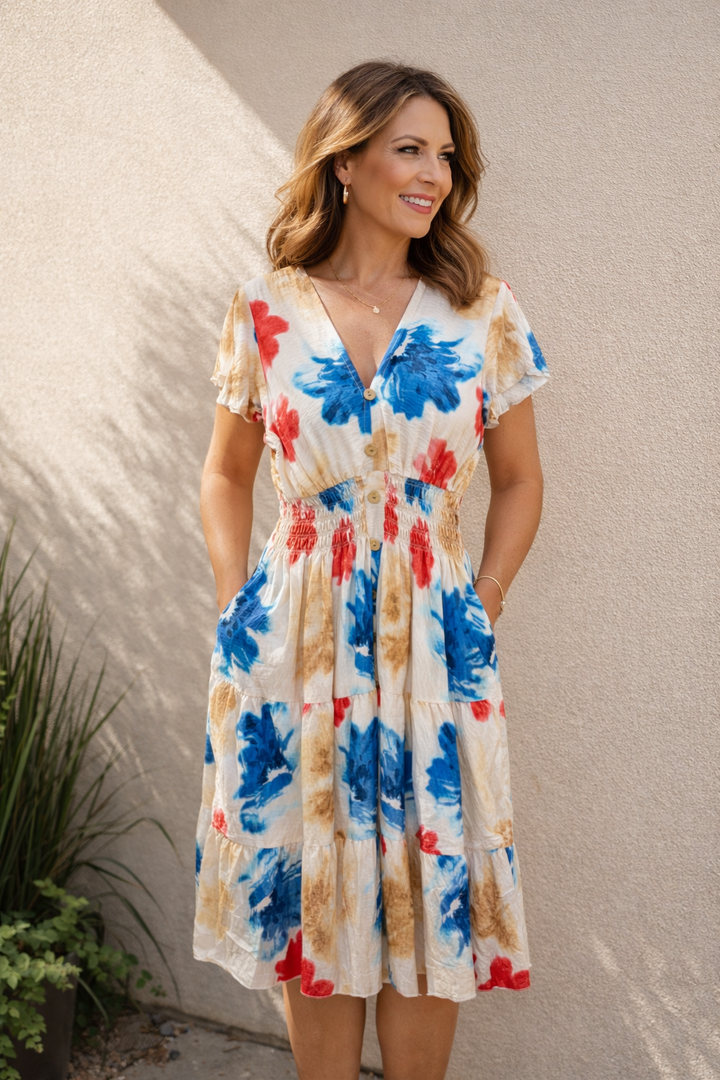 Fia Floral Midi Dress Red/Blue