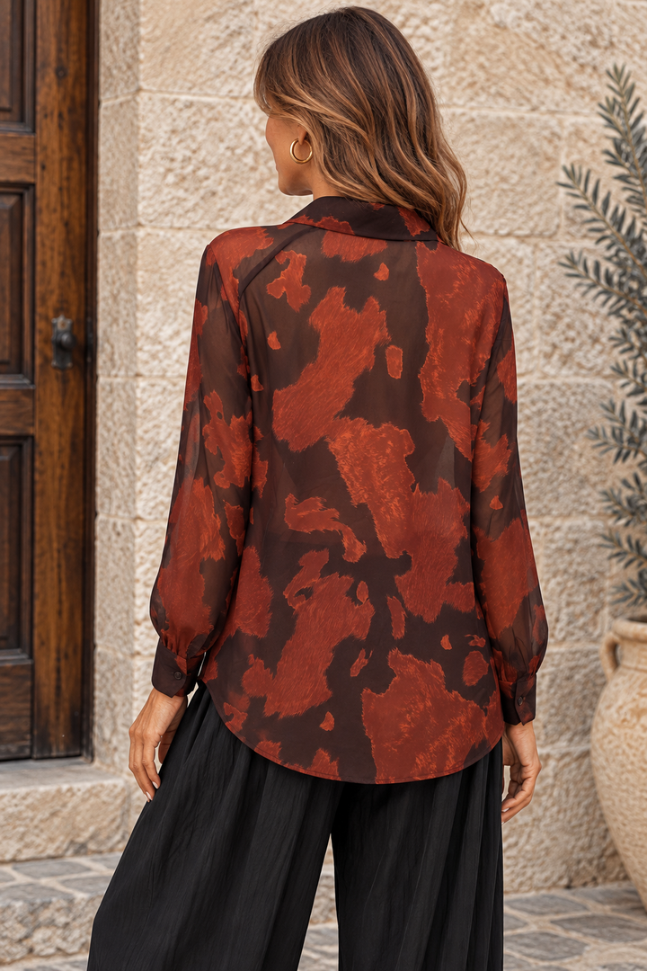 Abstract Pussy Bow Blouse Rust