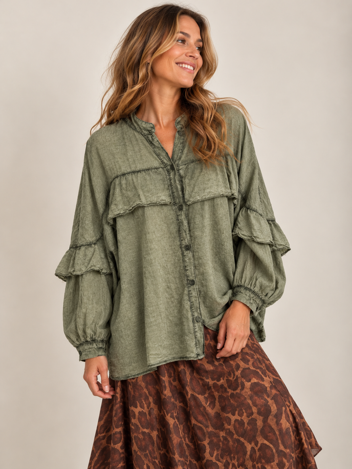 Francis Stone Washed Frill Shirt Olive