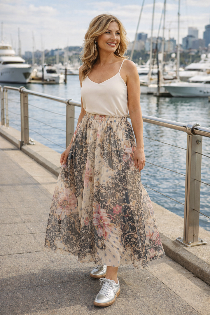 Jovanna Floral Tulle Skirt Cream