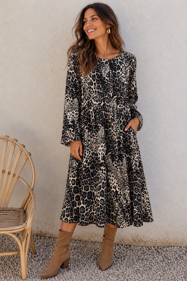 CharlotteLeopard Midi Dress Grey