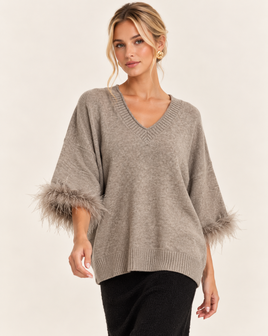 Amorette Faux Feather Jumper Beige