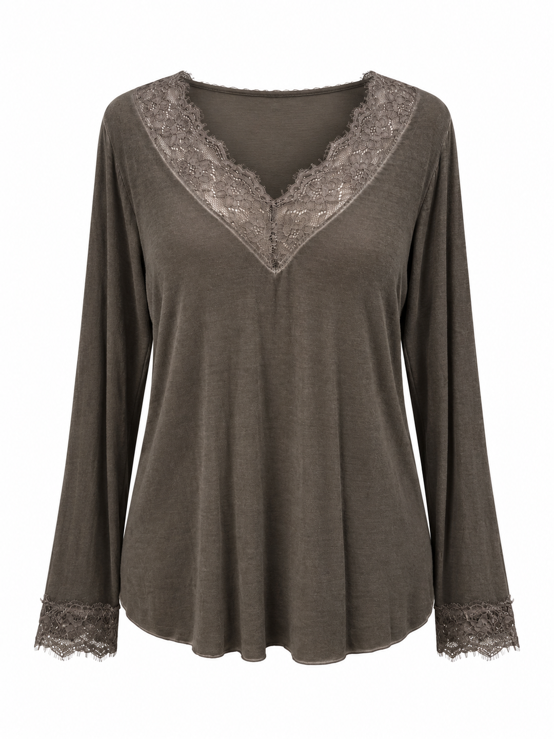 Angelo Lace V-Neck Long Sleeve Top Greige