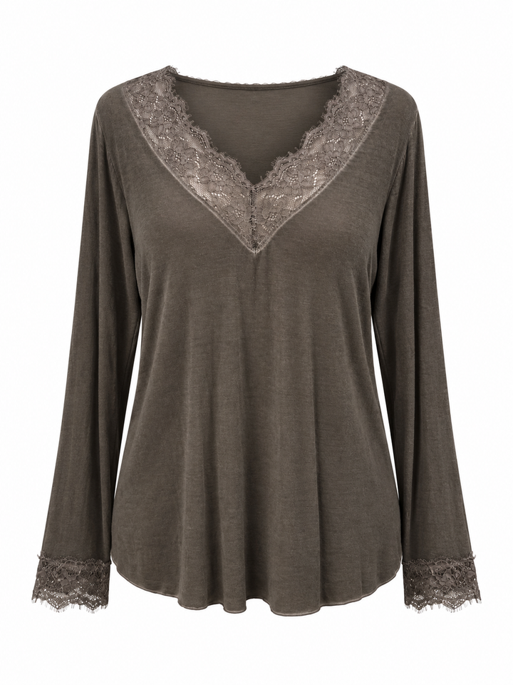 Angelo Lace V-Neck Long Sleeve Top Greige