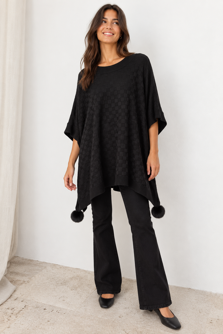 Checkerboard Pom Pom Poncho Black