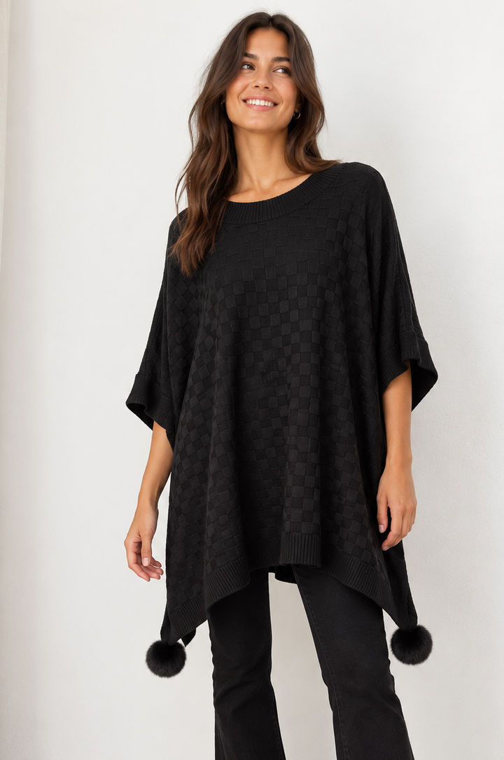 Checkerboard Pom Pom Poncho Black