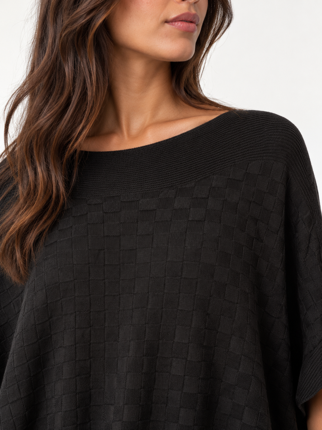 Checkerboard Pom Pom Poncho Black