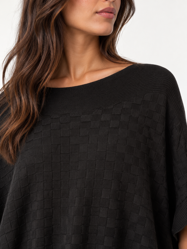 Checkerboard Pom Pom Poncho Black