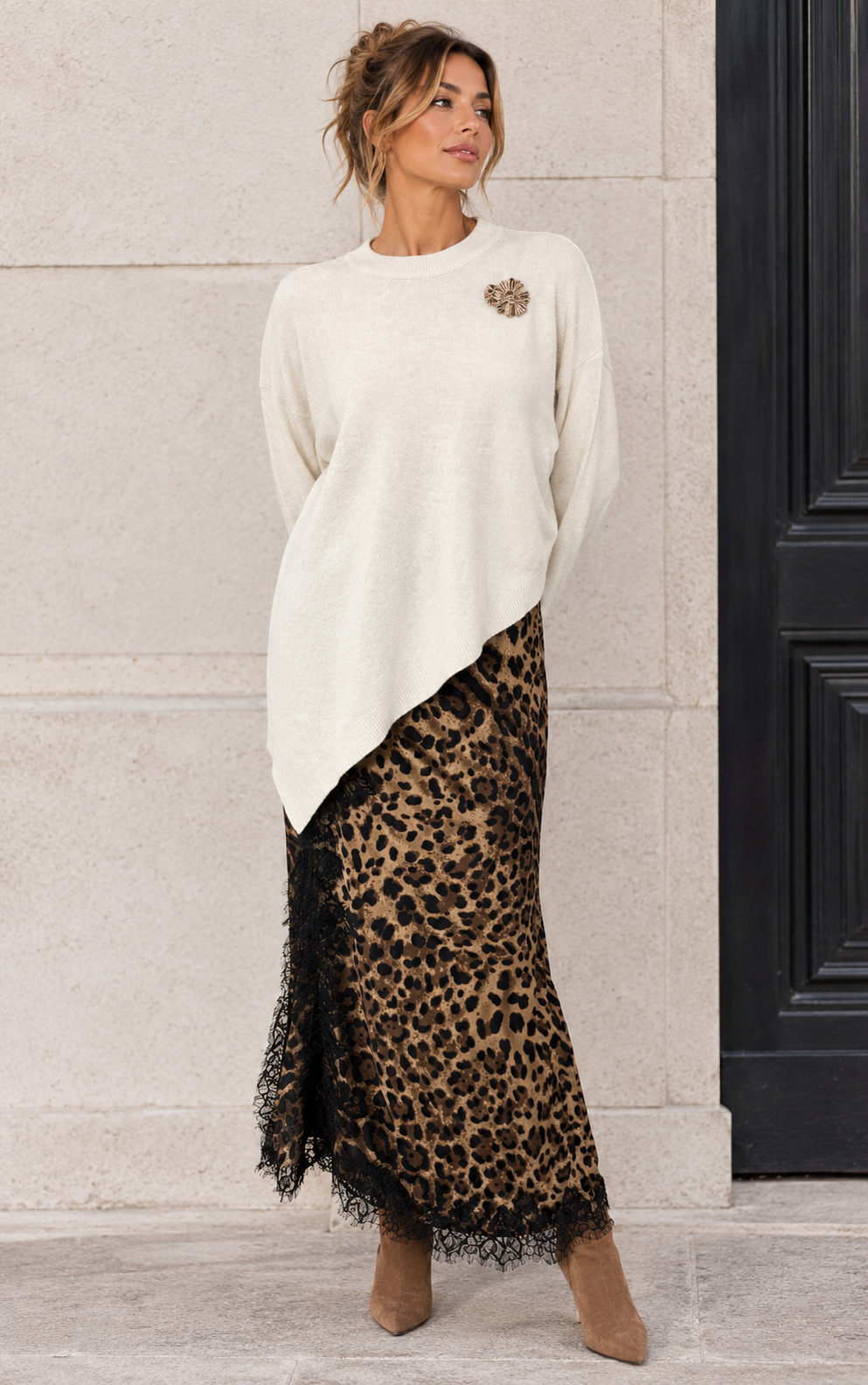 Asymmetric Leopard Lace Dress Set Cream