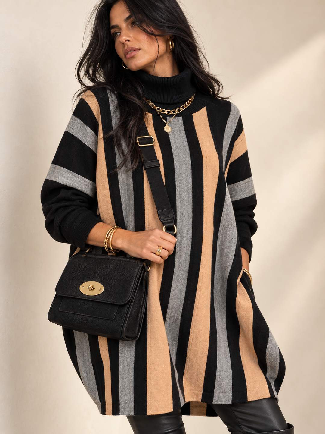 Selene Stripe Roll Neck Tunic Black