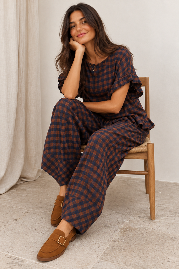 Rosana Checked Barrel Leg Trousers Ginger