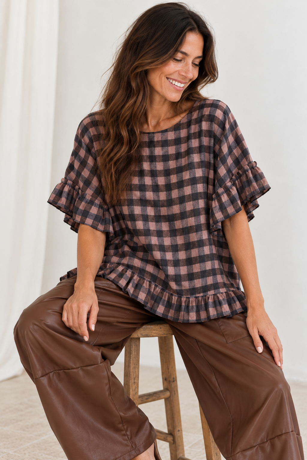 Rosana Checked Frill Top Blush