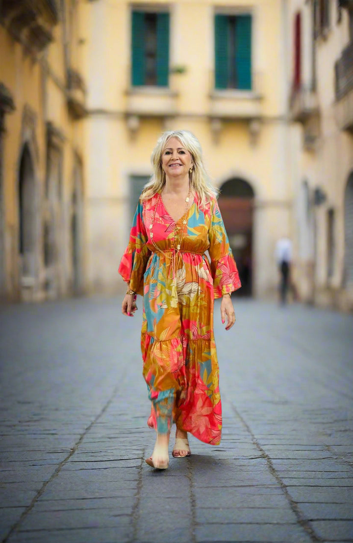 Mina Flower Print Maxi Dress Tan