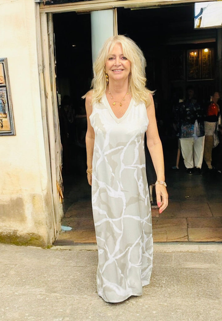 V Neck Camo Dress Cream