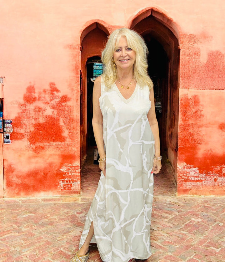 V Neck Camo Dress Cream