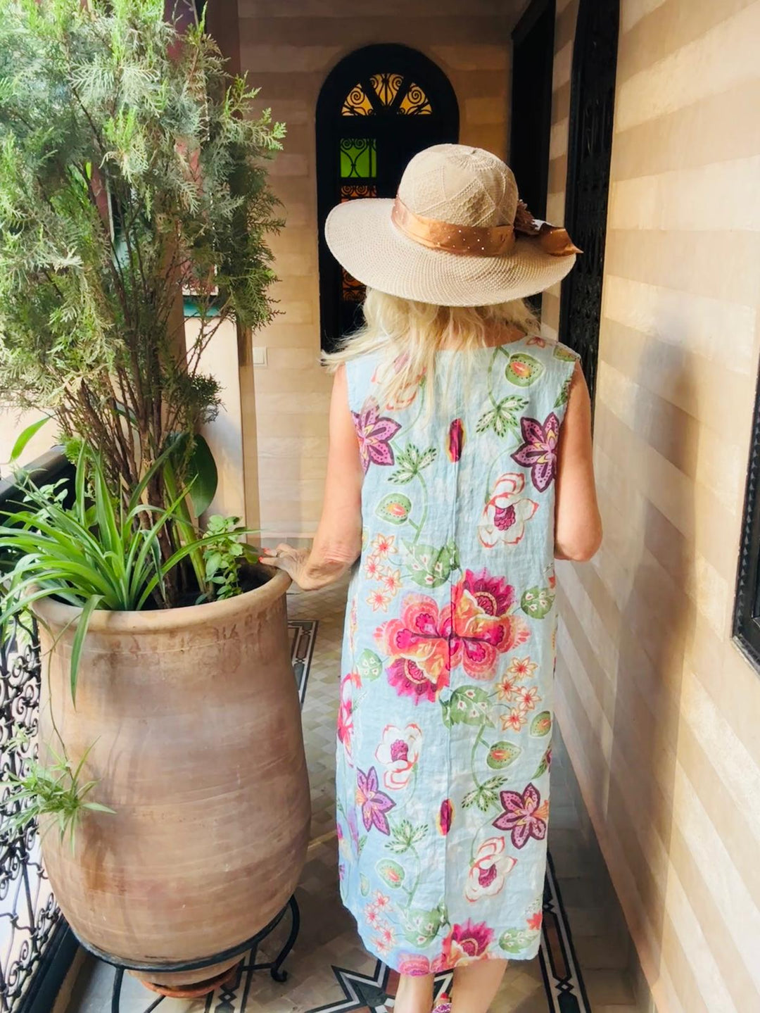 Linen Flower Tunic Dress Blue