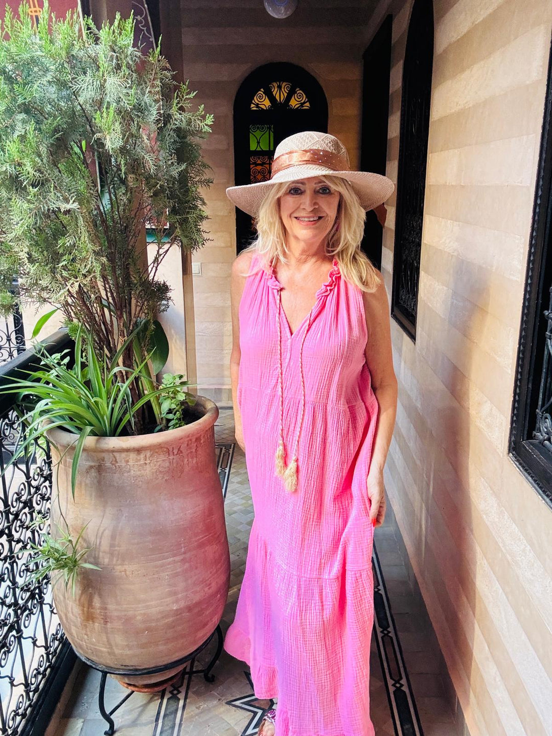 Tiered Bubble Cotton Maxi Dress Pink