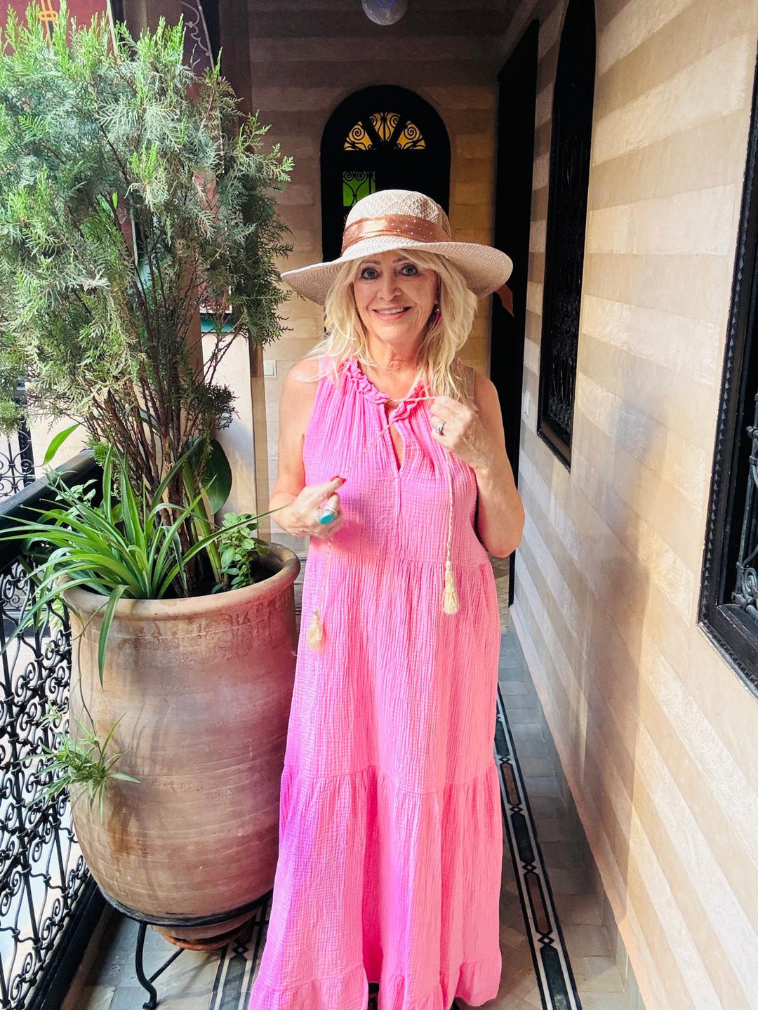 Tiered Bubble Cotton Maxi Dress Pink