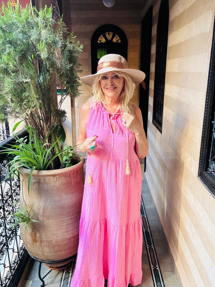 Tiered Bubble Cotton Maxi Dress Pink