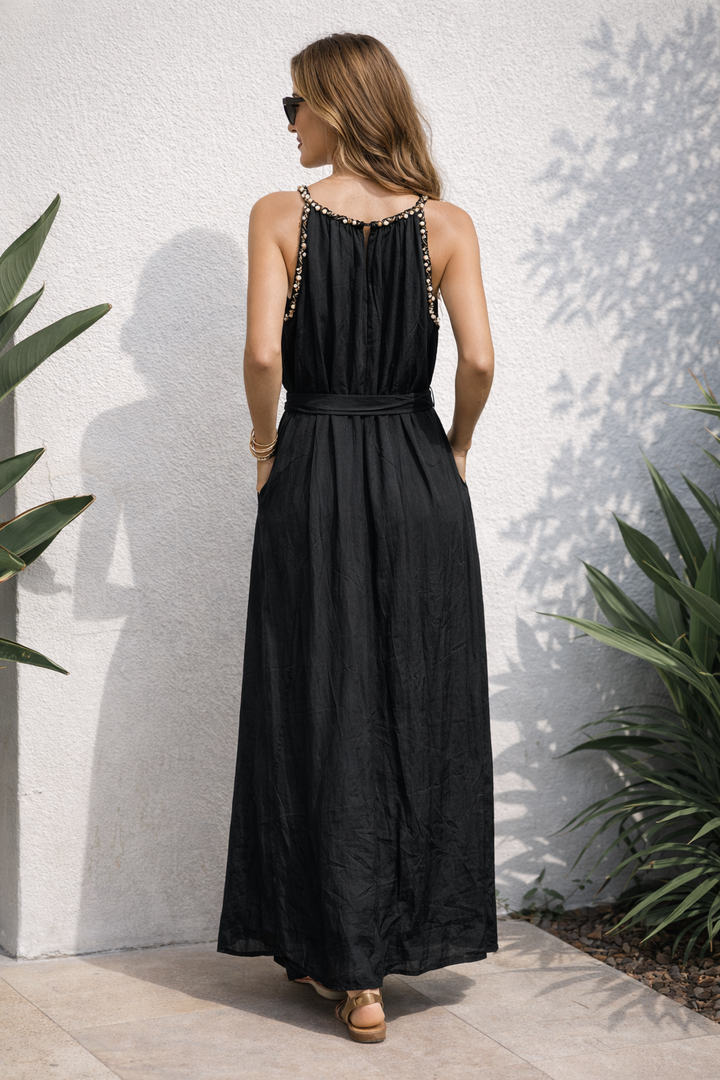 Aubrielle Pearl Trim Dress Black