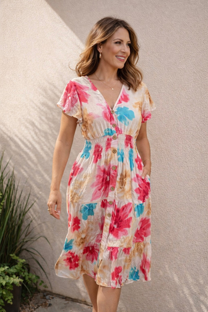 Fia Floral Midi Dress Pink/Aqua