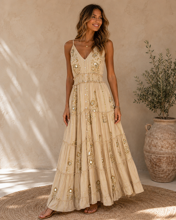 Bohemian Embellished Cami Maxi Dress - Beige