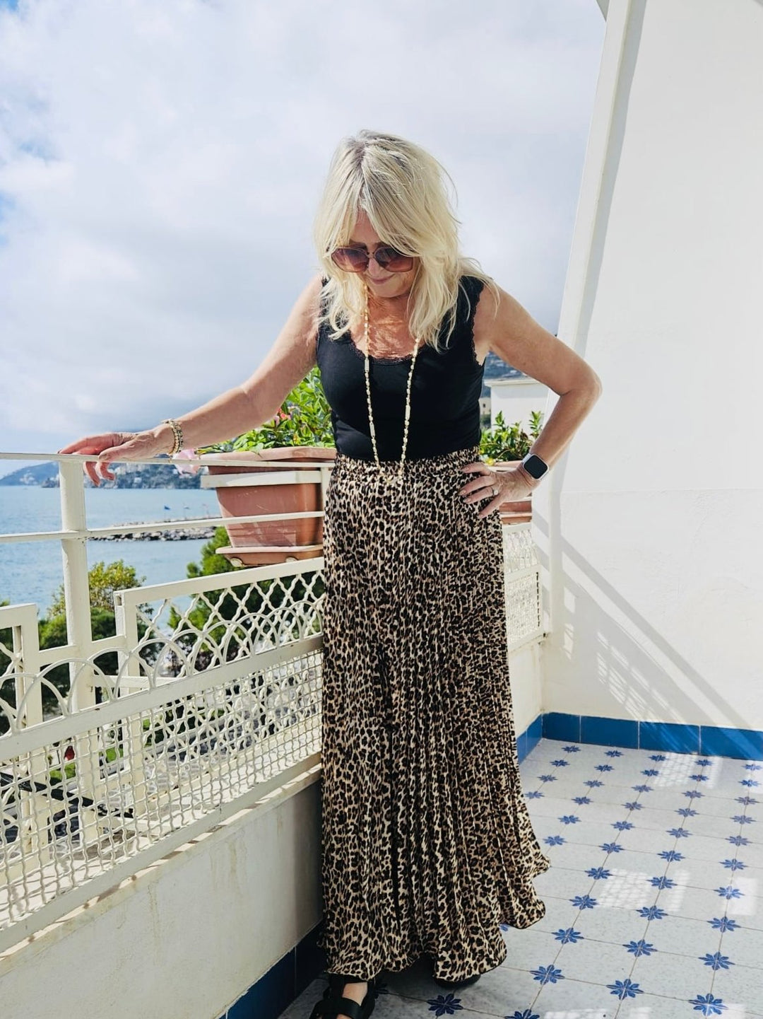 Satin Pleated Skirt Leopard
