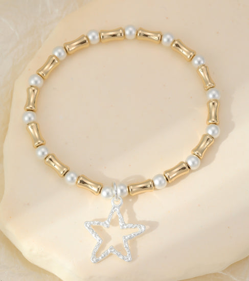 Silver Star Pearl Bead Bracelet Gold