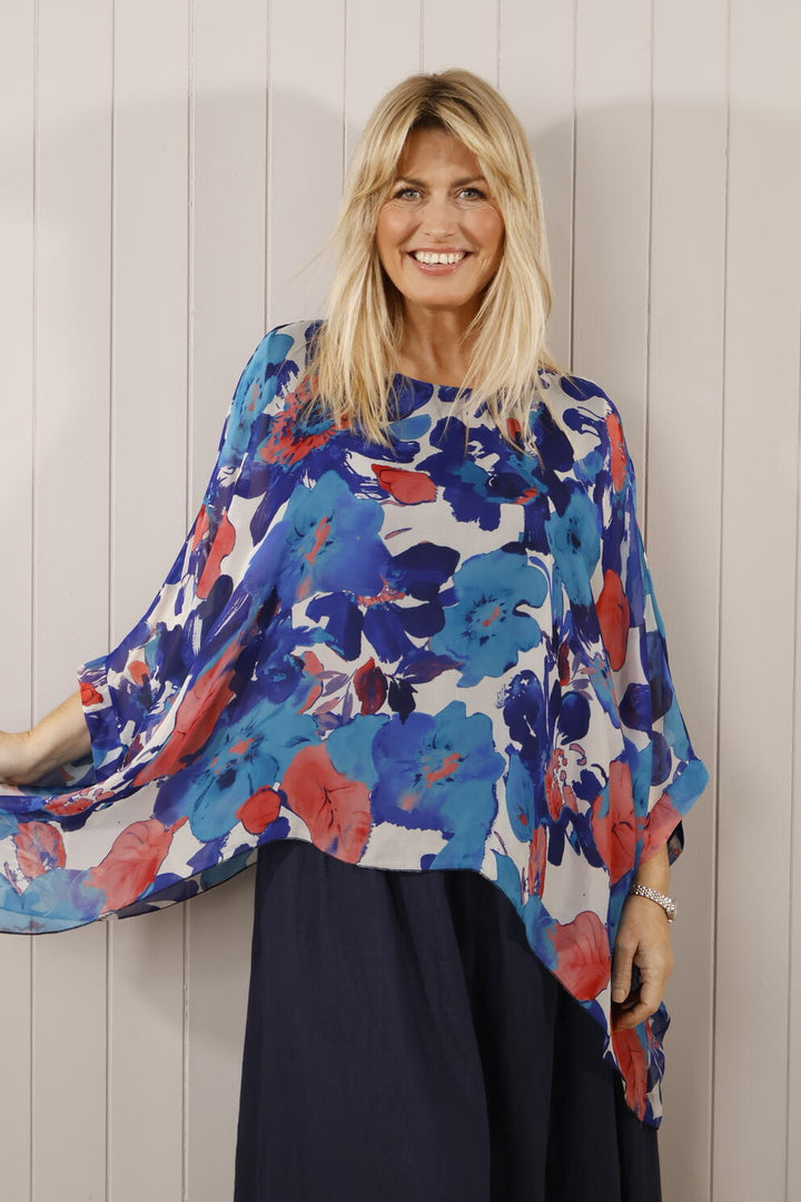 Silk Large Flower Top Navy