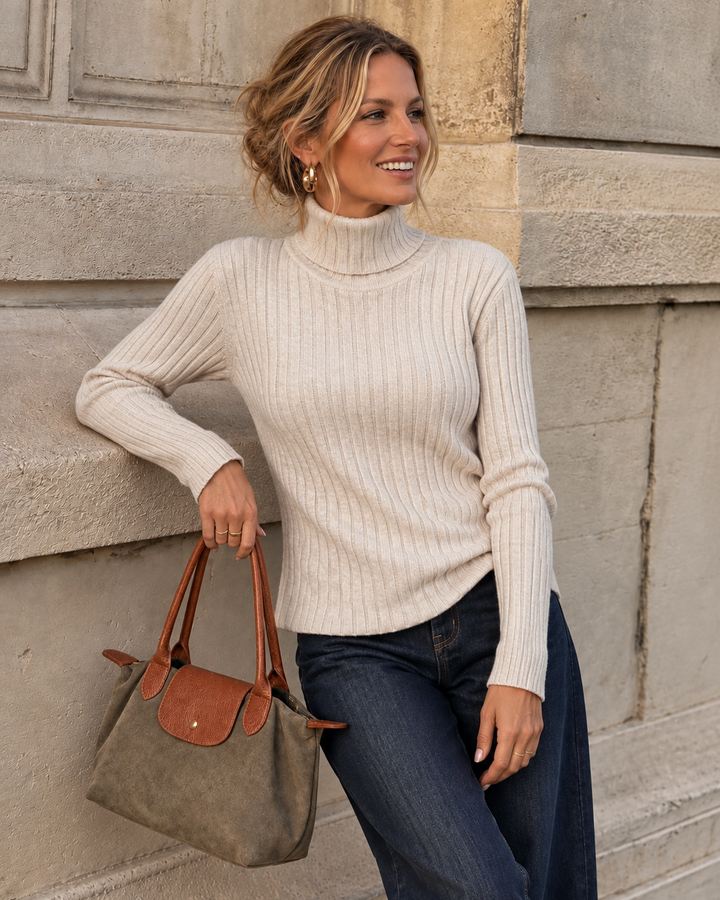 Tammy Rib Polo Neck Top Oat