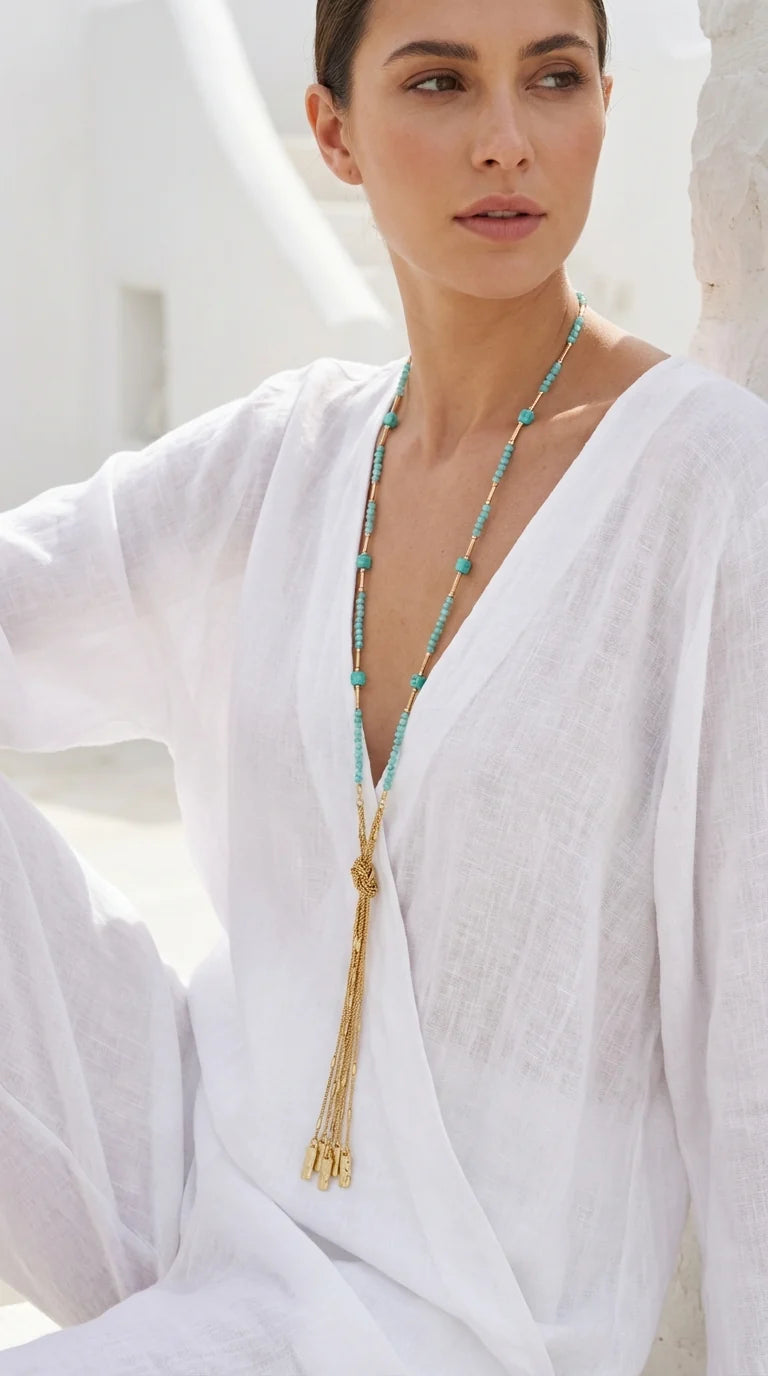 Cascade Beaded Tassel Necklace Turq/Gold