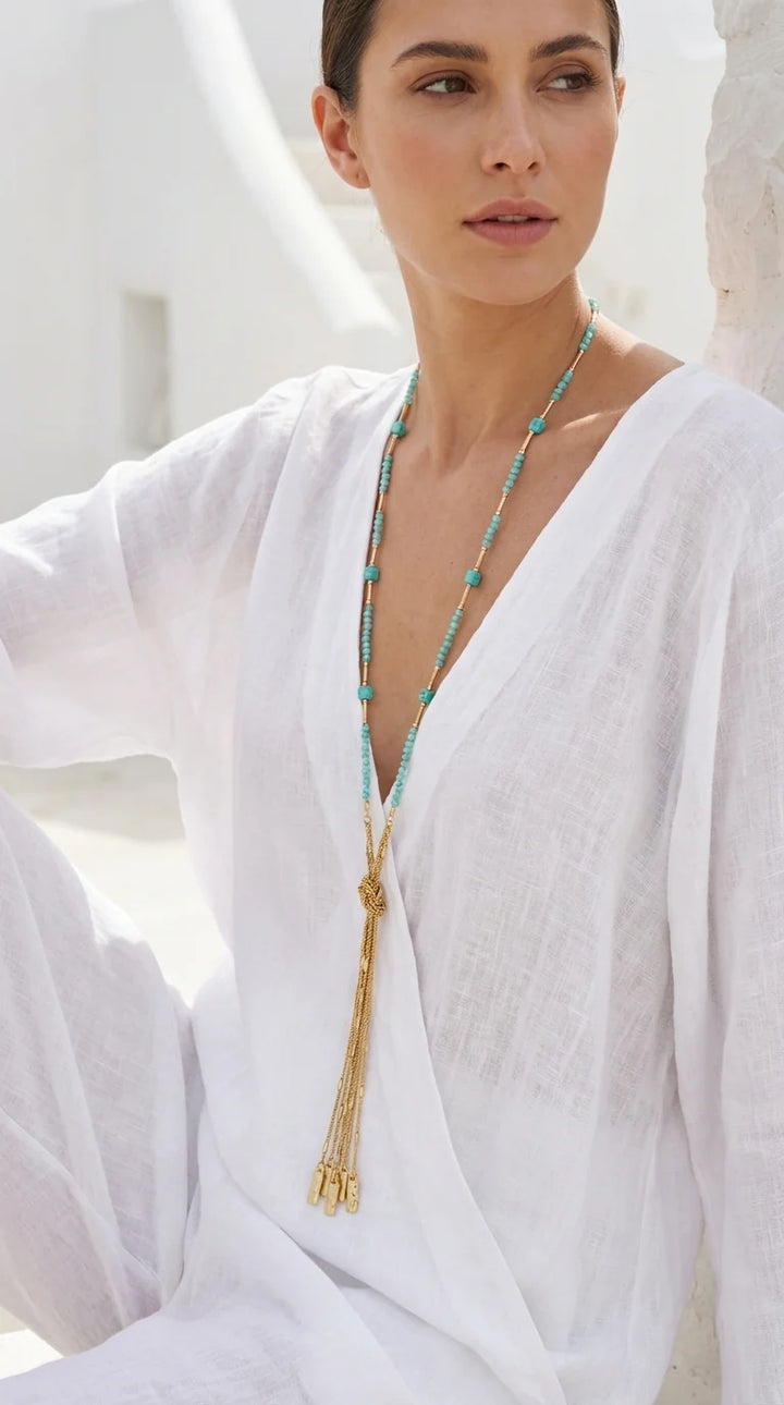 Cascade Beaded Tassel Necklace Turq/Gold
