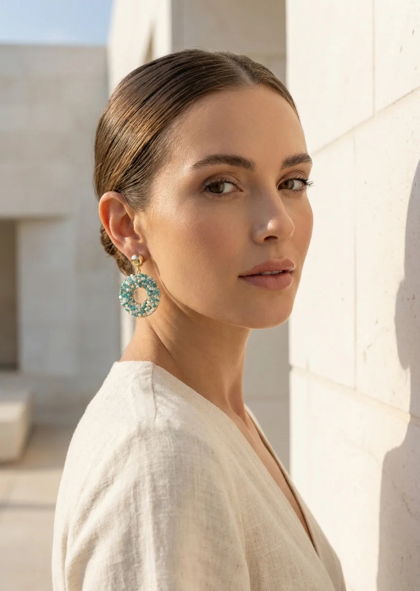 Cora Crystal Hoop Earrings Gold/Aqua