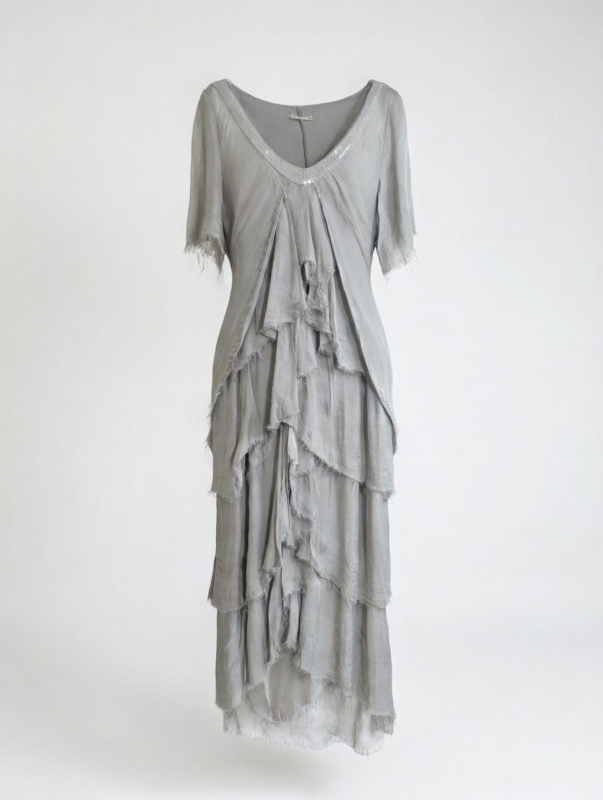 Sorelle Silk Ruffle Dress Pewter