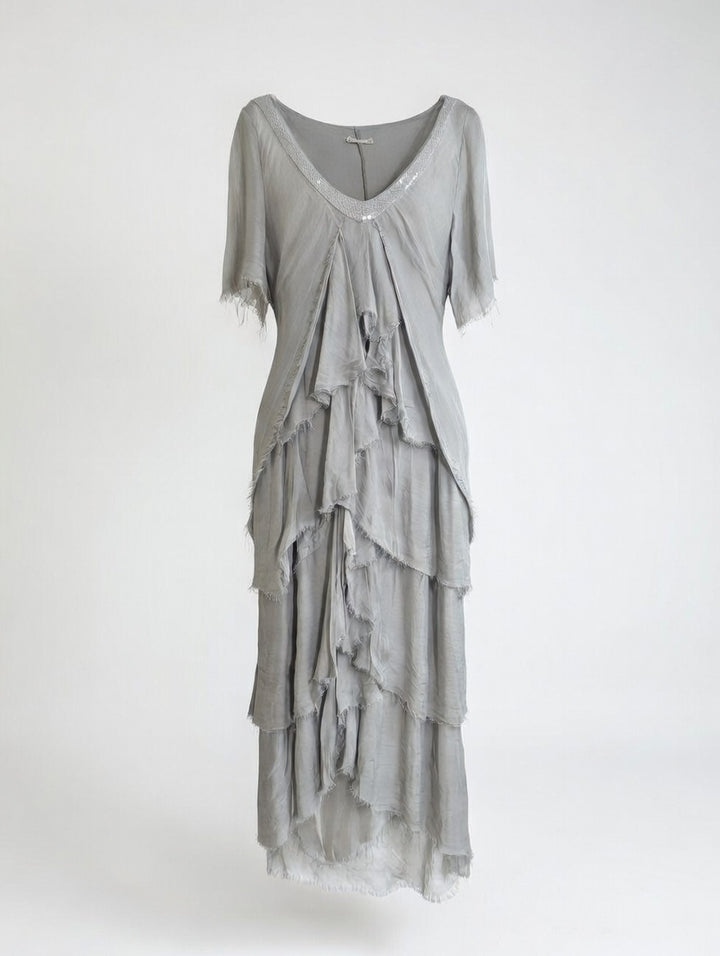 Sorelle Silk Ruffle Dress Pewter