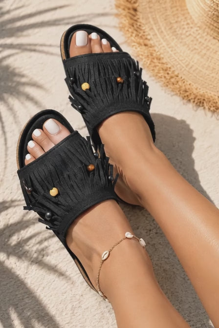 Boho Shimmer Fringe Sandals Black