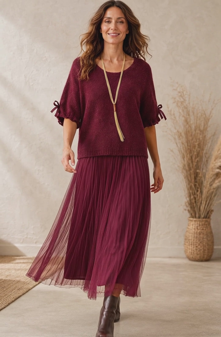 Marie Pleat Voil Dress Claret