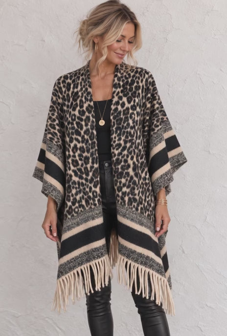 Billie Leopard Poncho Shawl Black