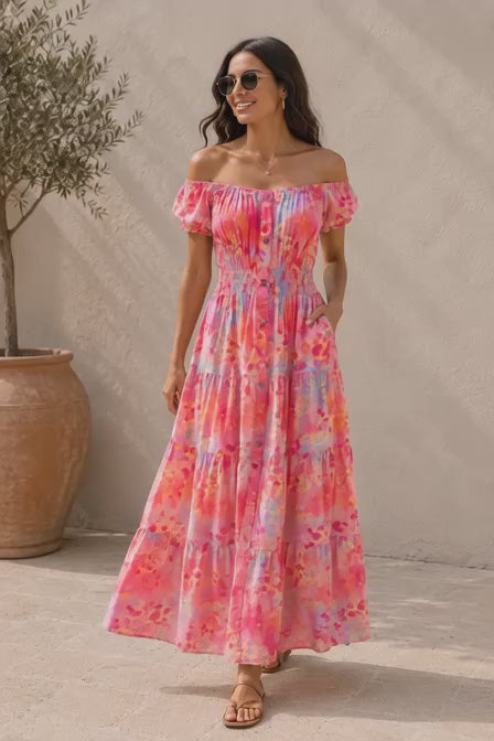Alondra Animal Print Maxi Dress Coral