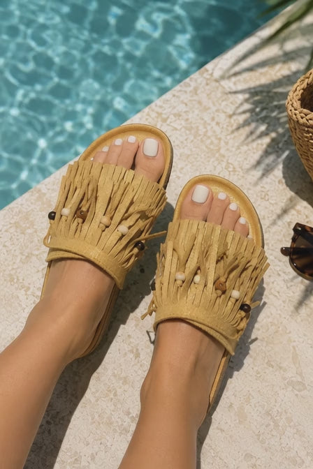 Boho Shimmer Fringe Sandals Mustard